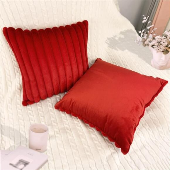 Red Faux Fur Velvet Pillow Covers 18x18 Set of 2 Soft Decorative Cushion Cases - Picture 5 of 8
